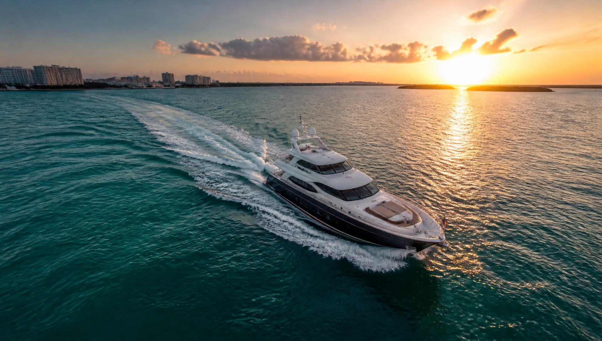 Luxury motor yacht cruising Florida waters at sunset